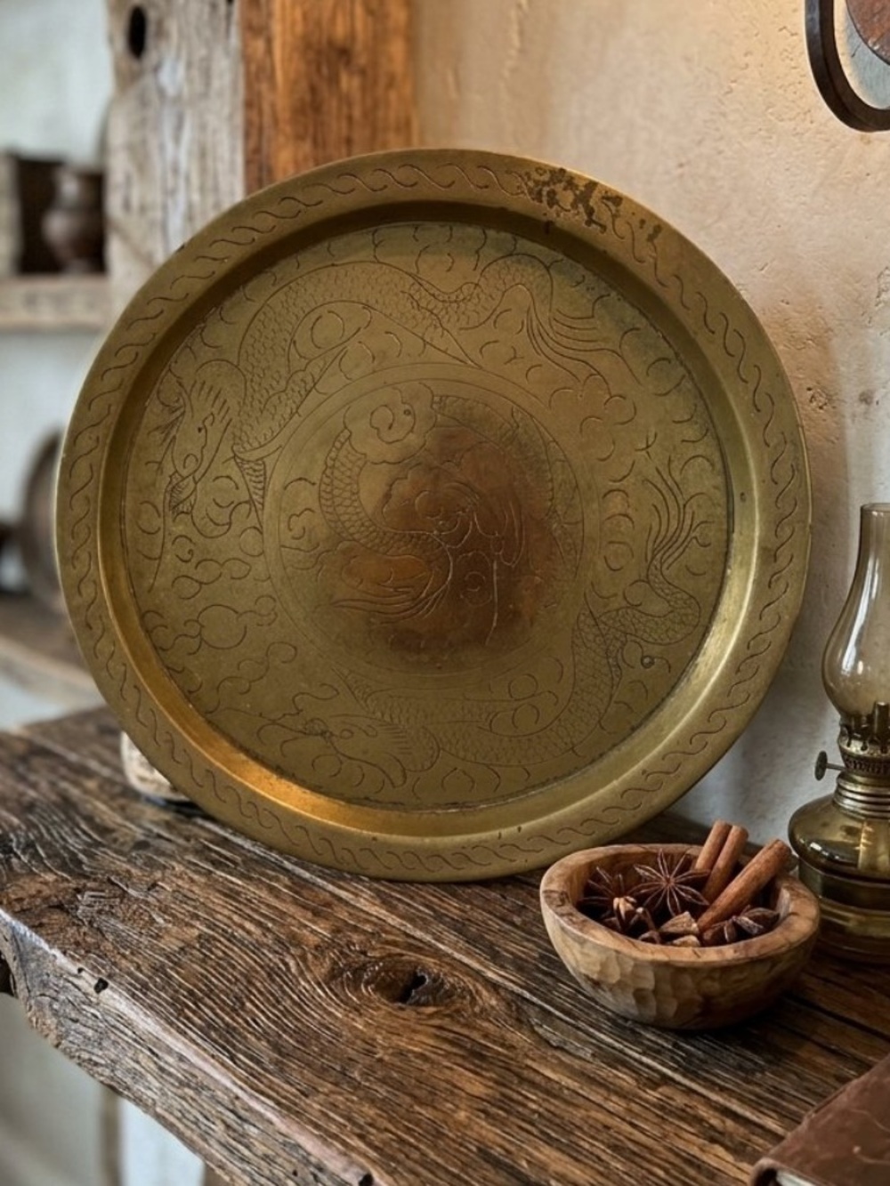 Vintage etched brass tray or charger traditional dragon motif
China
Heavy